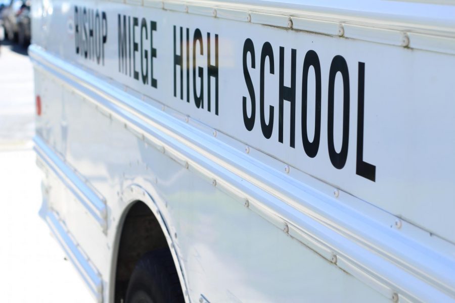 This is a close up of the Bishop Miege School Bus.